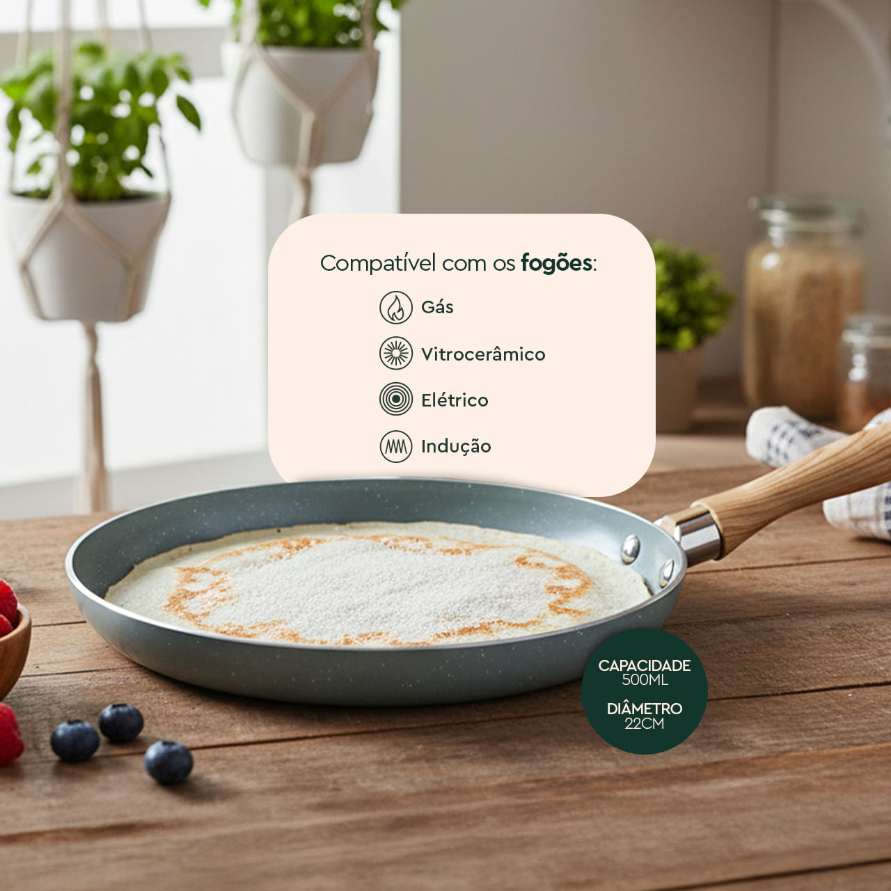 Tapioqueira Panquequeira de Indução Brinox Botanika Antiaderente Ceramic Life Ø22cm 500ml Verde - Imagem 4